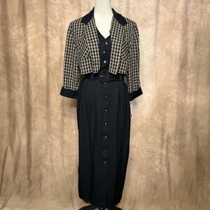 Vintage 90s Bentley Checkered Faux Layered Cropped Jacket Shirtwaist Maxi Dress